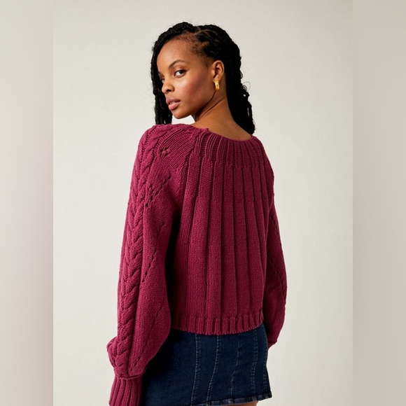 FREE PEOPLE Sandre Pullover Cableknit Sweater Mulberry | Women's Large - Picture 2 of 6